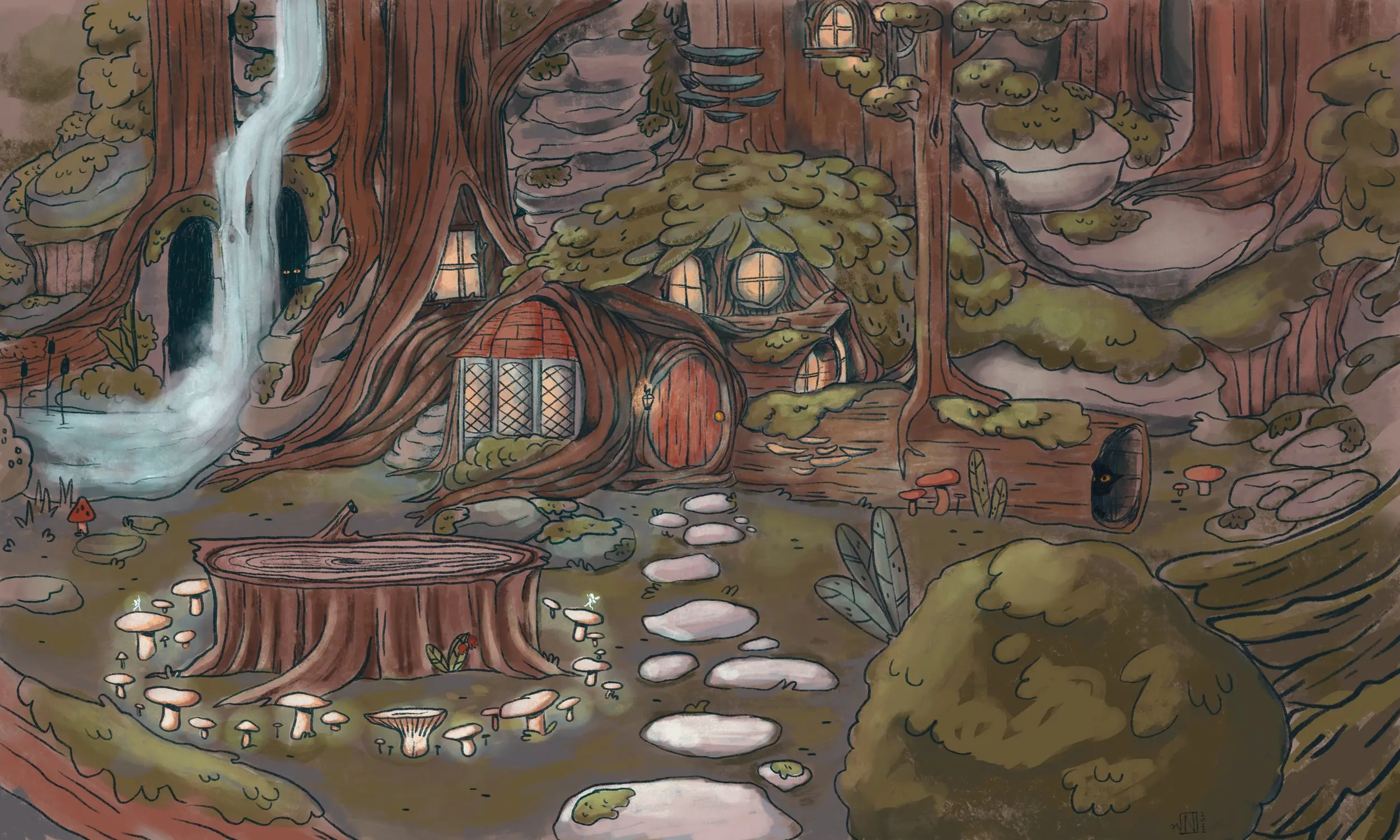 Magical and cozy forest scene beautifully illustrated