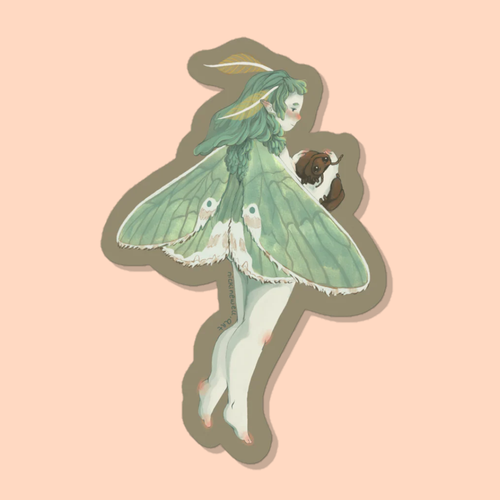 A sticker of a blotched emerald moth faerie holding a wee pill bug/isopod like a pet