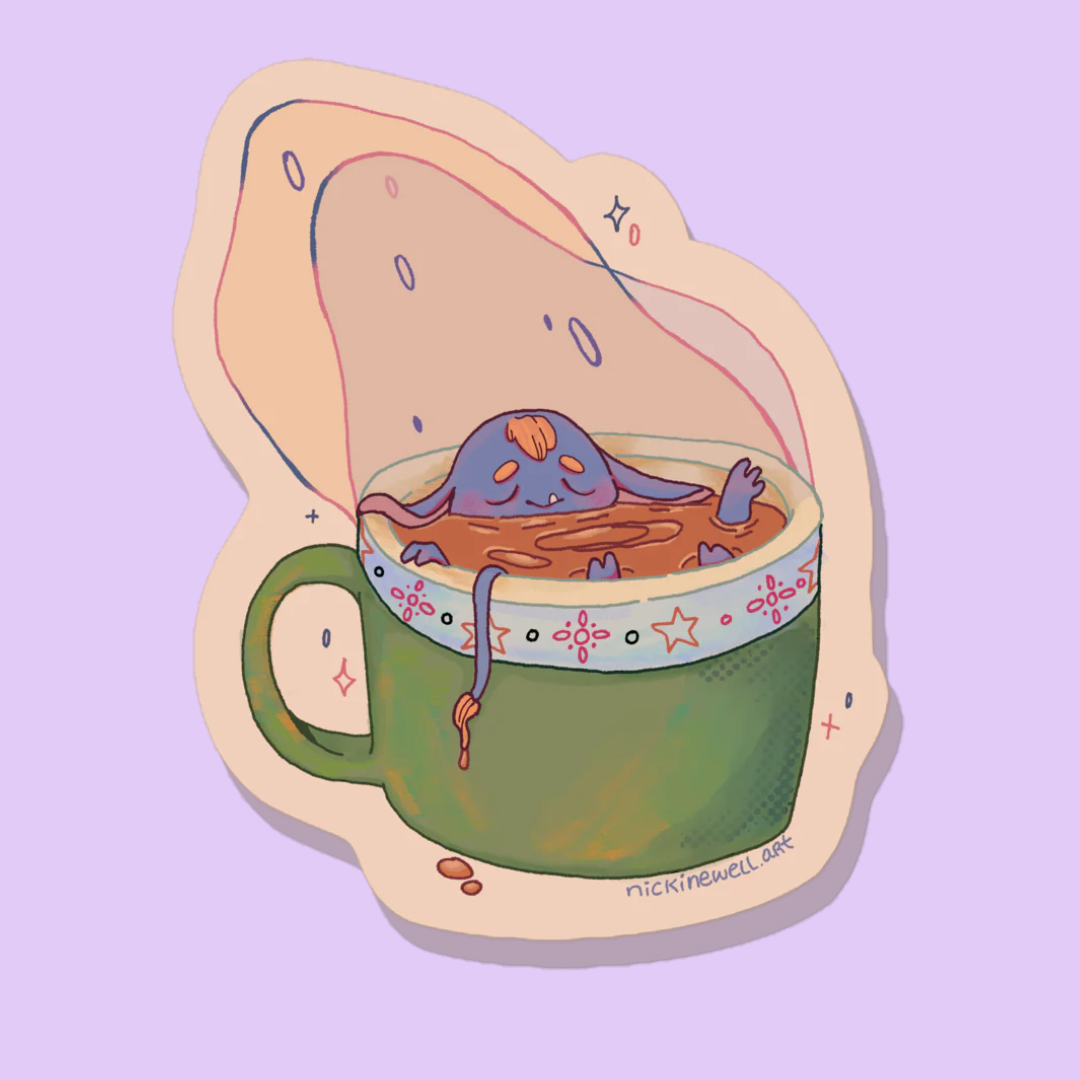 A sticker og a wee blue goblin floating in a cup of tea for a nice spa.