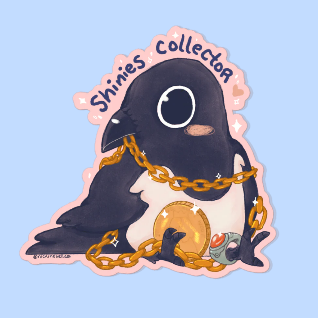 A picture of a die-cut sticker of a magpie with a pink background. The magpie is holding a gold chain and is surrounded by other shiny objects. the sticker sits on a periwinkle background.