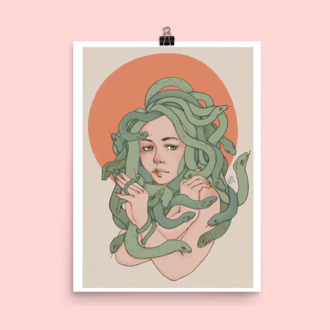 An illustration print of medusa looking down and the right as she plays with her green snake hair coiling around her shoulders and fingers, and orange sun sits behind her.