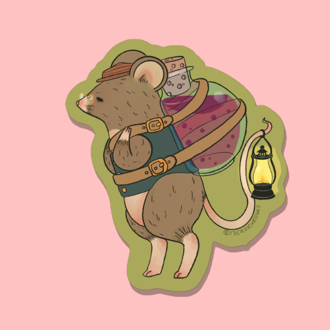 A sticker of a wee mouse with a potion strapped to his back and a lantern being carried by his tail. He's off to sell his strongest potion.