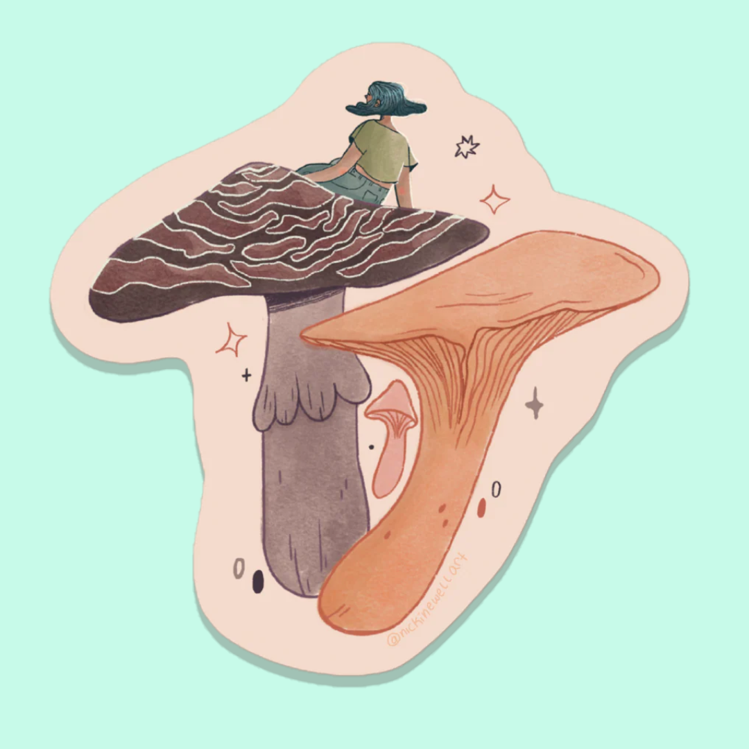 A sticker with a woman sitting on top of two giant mushrooms, a purple one and an orange one, a small mushroom sits in between the two larger mushrooms